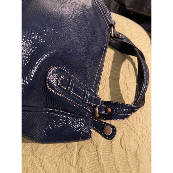 Perlina New York Navy Blue Faux Leather Shoulder Bag With Leopard Print Lining & - Picture 9 of 16